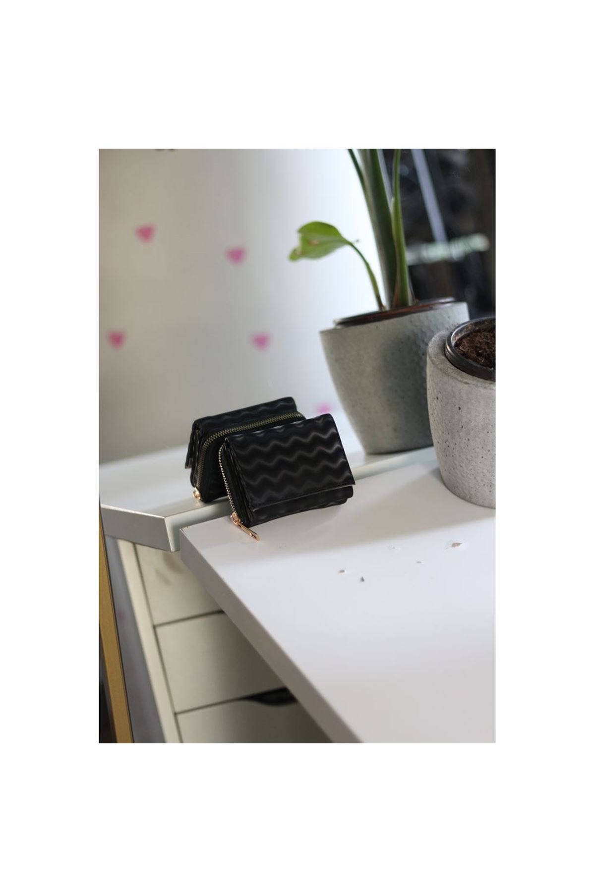 Siyah Dalga Desenli Fermuar Ve Kartlık Detaylı Mini Cüzdan