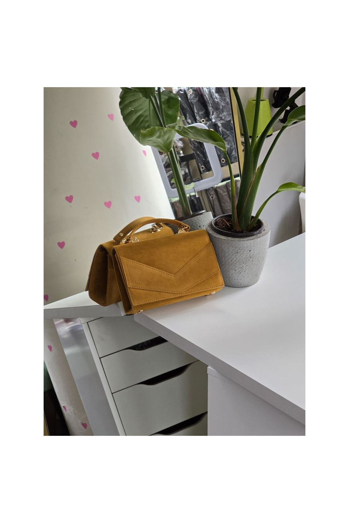 Kadın Hardal Sarısı Süet Zarf Tutma Saplı Omuz Çantası