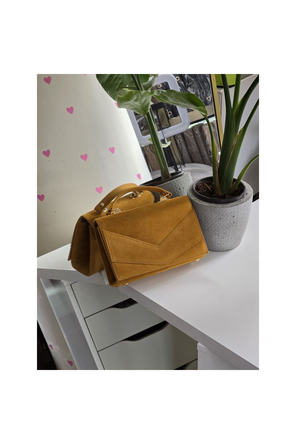 Kadın Hardal Sarısı Süet Zarf Tutma Saplı Omuz Çantası