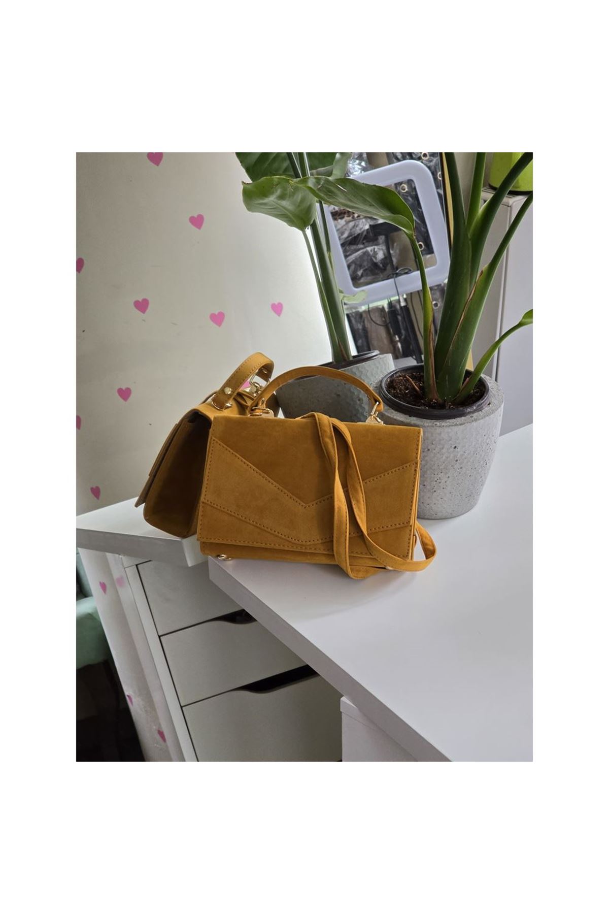 Kadın Hardal Sarısı Süet Zarf Tutma Saplı Omuz Çantası