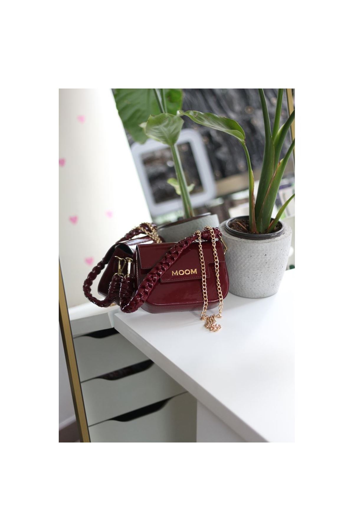 Kadın Bordo Rugan Örme Sap Detaylı Zincirli Omuz Çantası