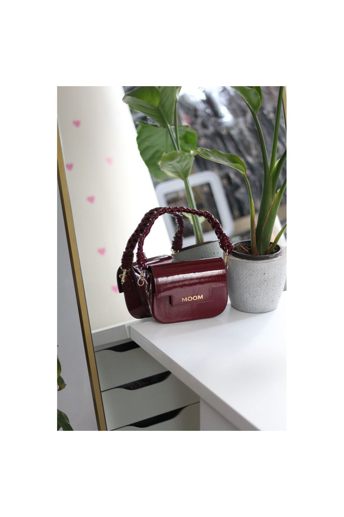 Kadın Bordo Rugan Örme Sap Detaylı Zincirli Omuz Çantası