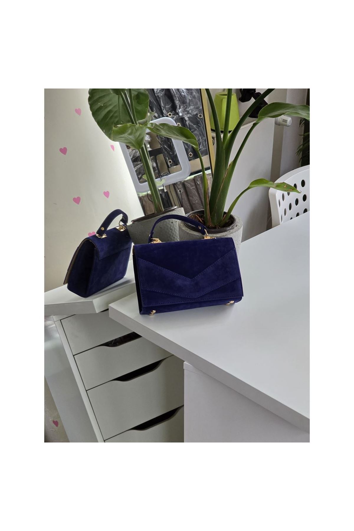 Kadın Mavi Süet Zarf Tutma Saplı Omuz Çantası