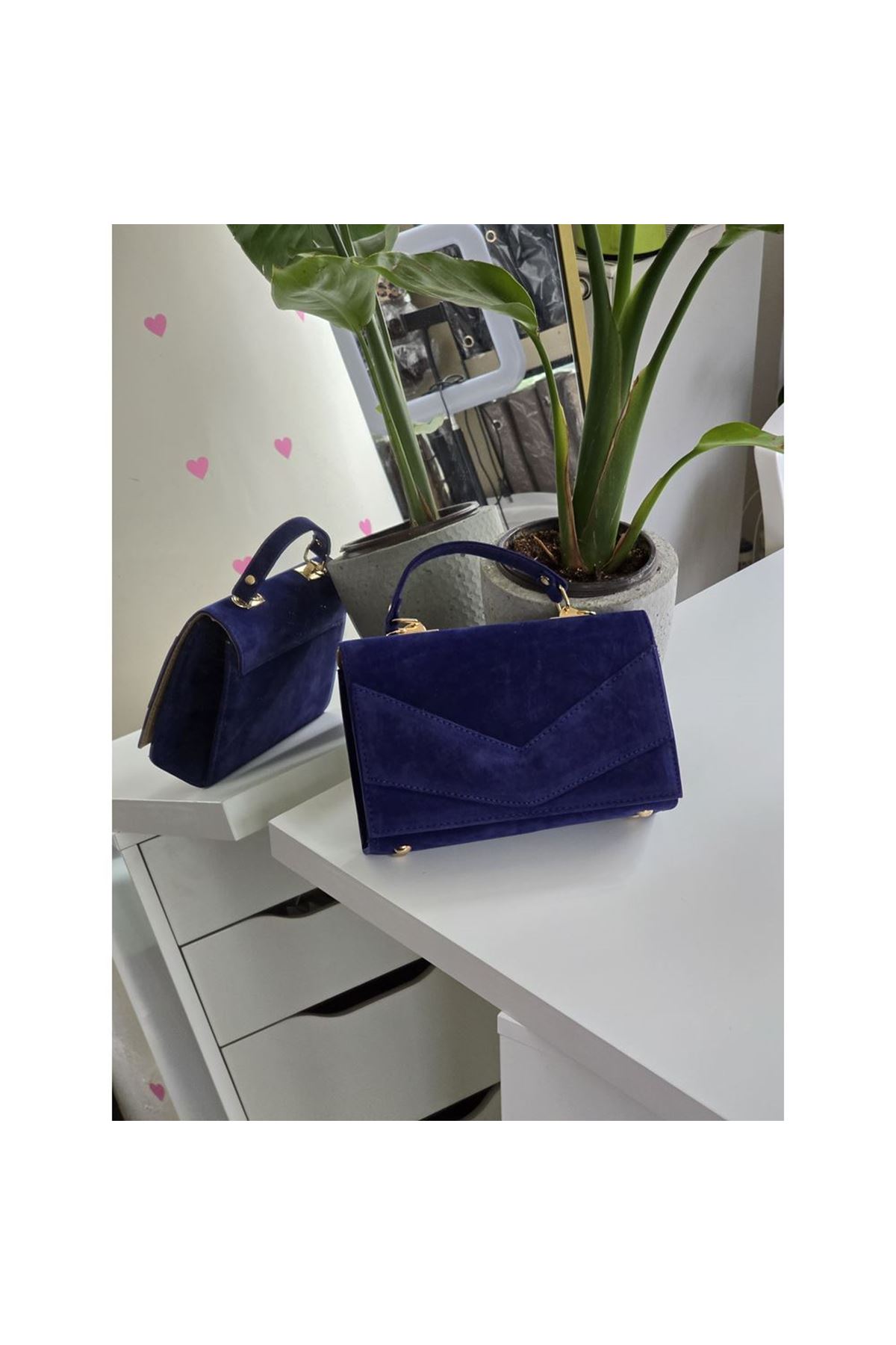 Kadın Mavi Süet Zarf Tutma Saplı Omuz Çantası