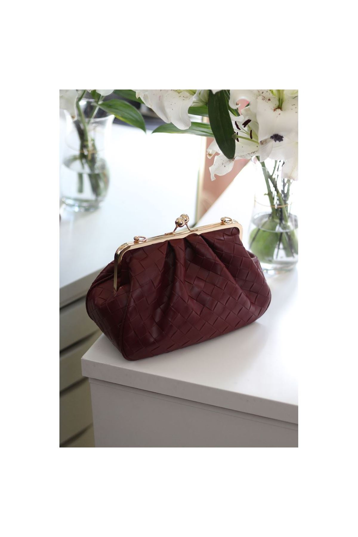 Kadın Bordo Kare Desenli Burslu Askılı Omuz Çantası