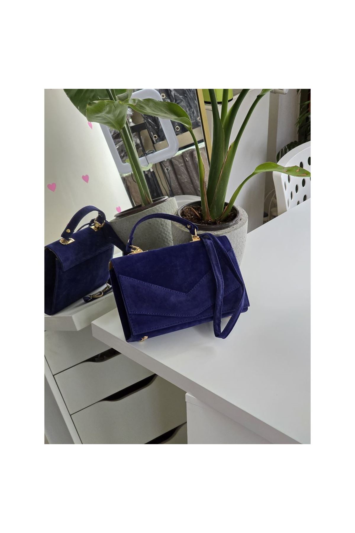 Kadın Mavi Süet Zarf Tutma Saplı Omuz Çantası