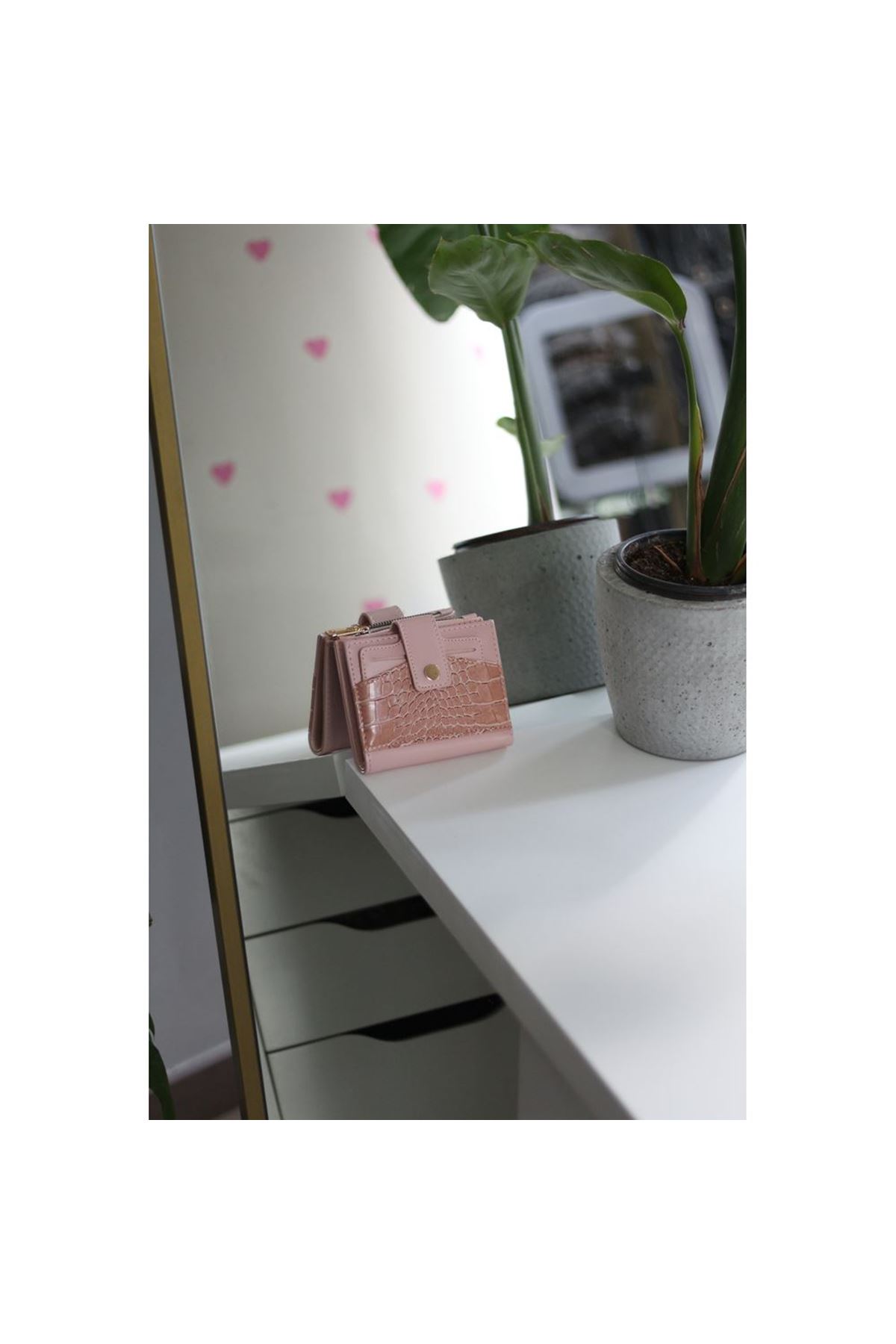 Kadın Pudra Kroko Desenli Kartlık Detaylı Kare Cüzdan