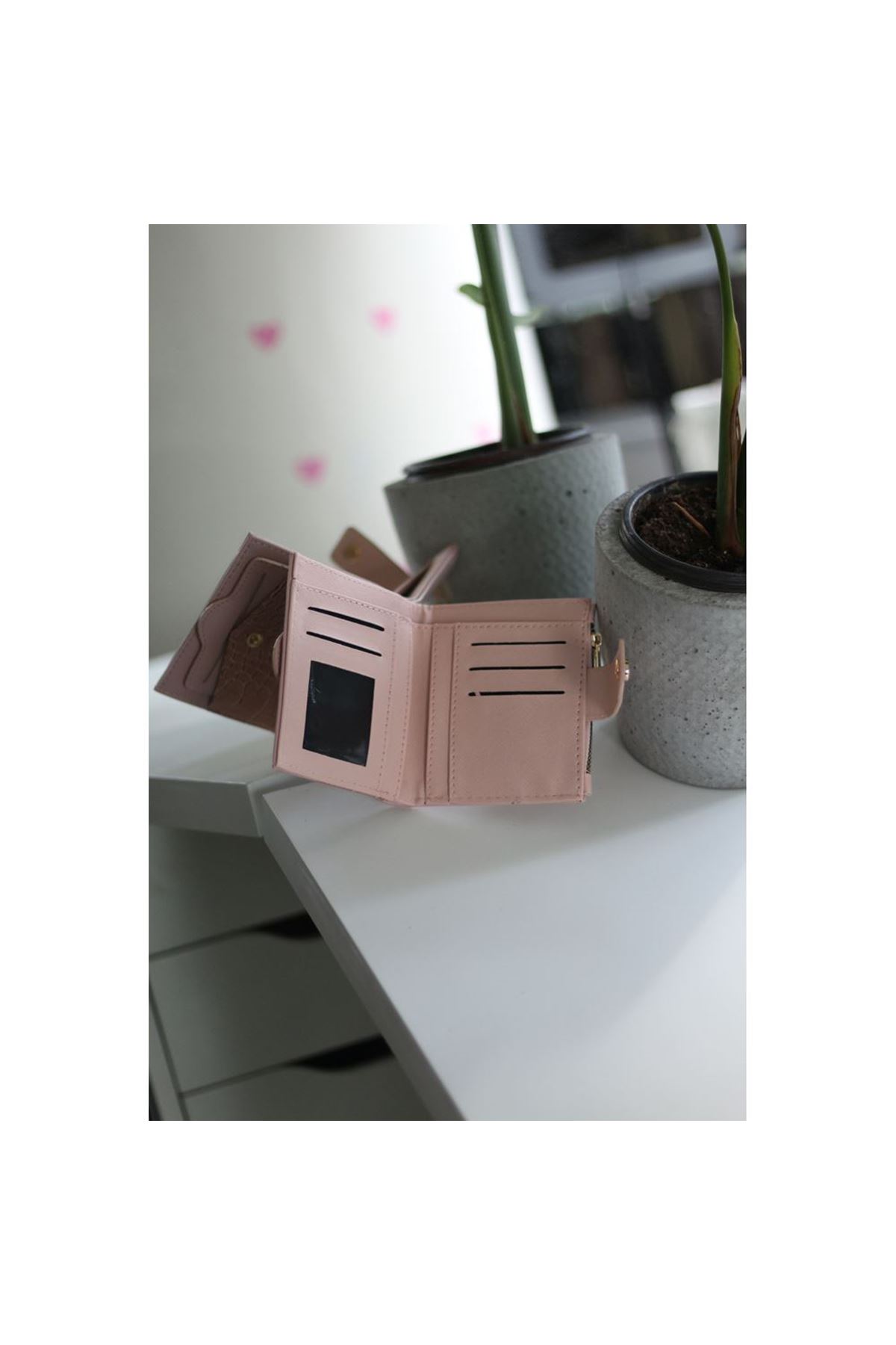 Kadın Pudra Kroko Desenli Kartlık Detaylı Kare Cüzdan