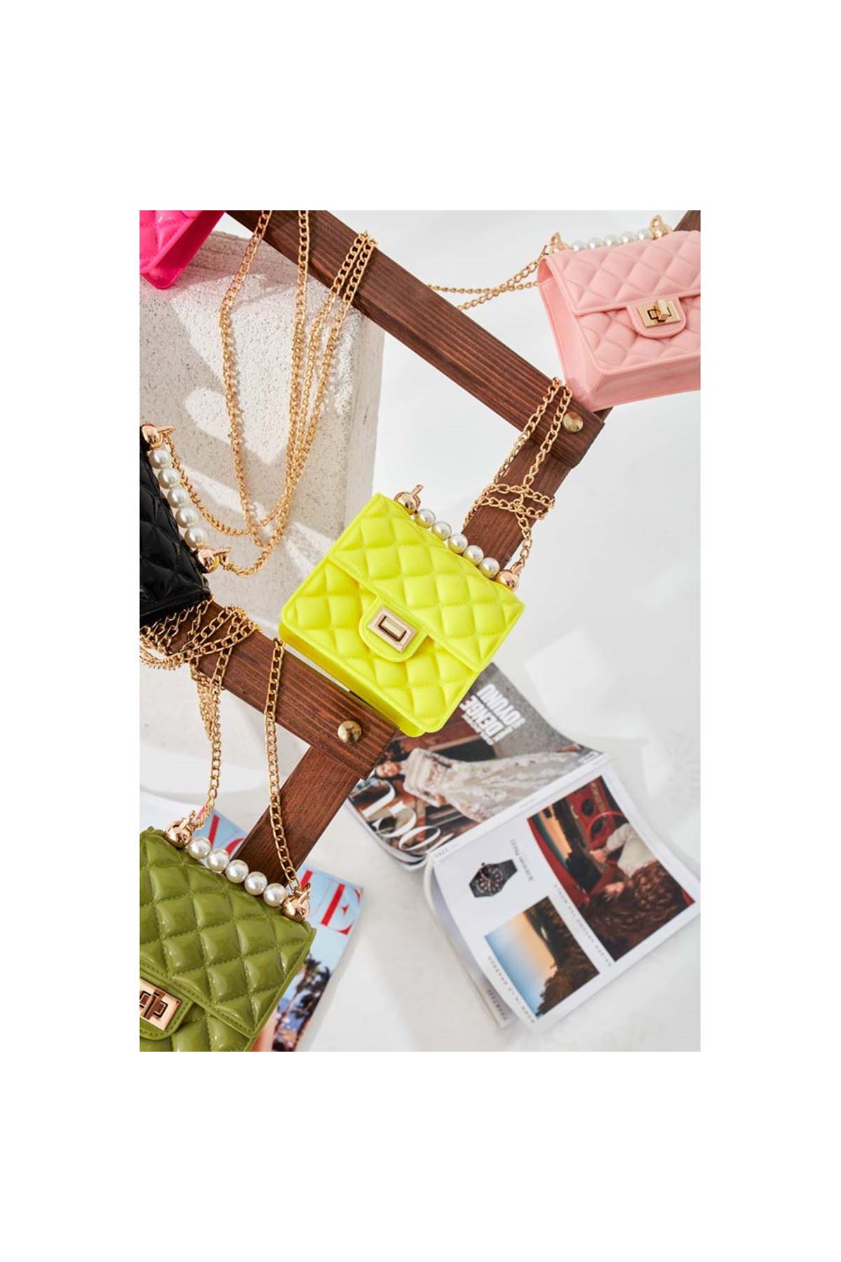 Pearl Sarı Silikon İncili Omuz Çantası