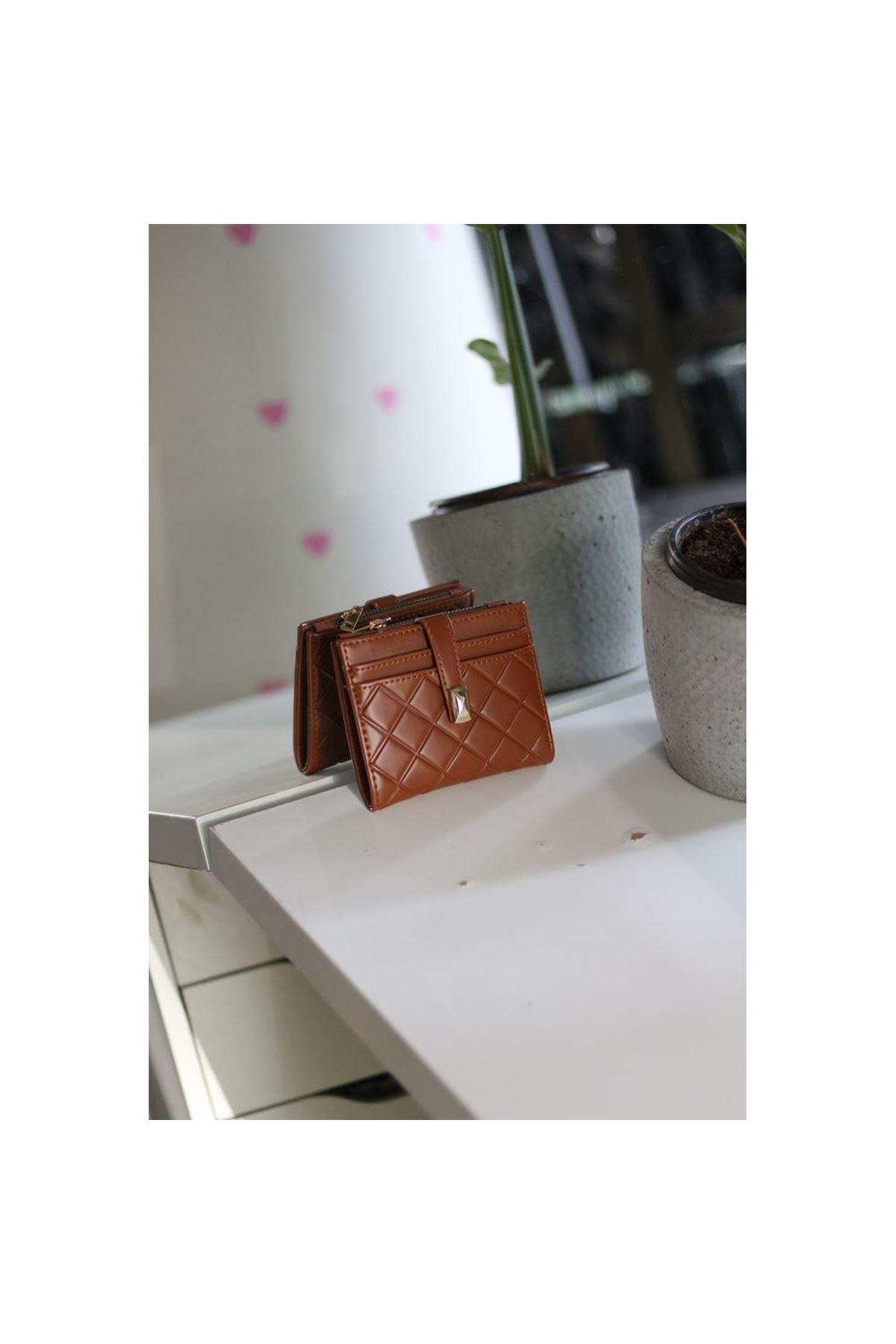 Kadın Taba Kare Baklava Desenli Mini Kartlık Cüzdan