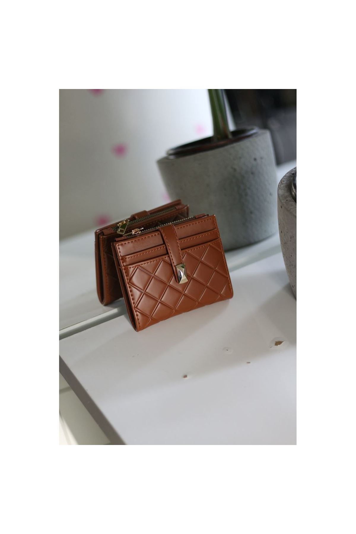 Kadın Taba Kare Baklava Desenli Mini Kartlık Cüzdan