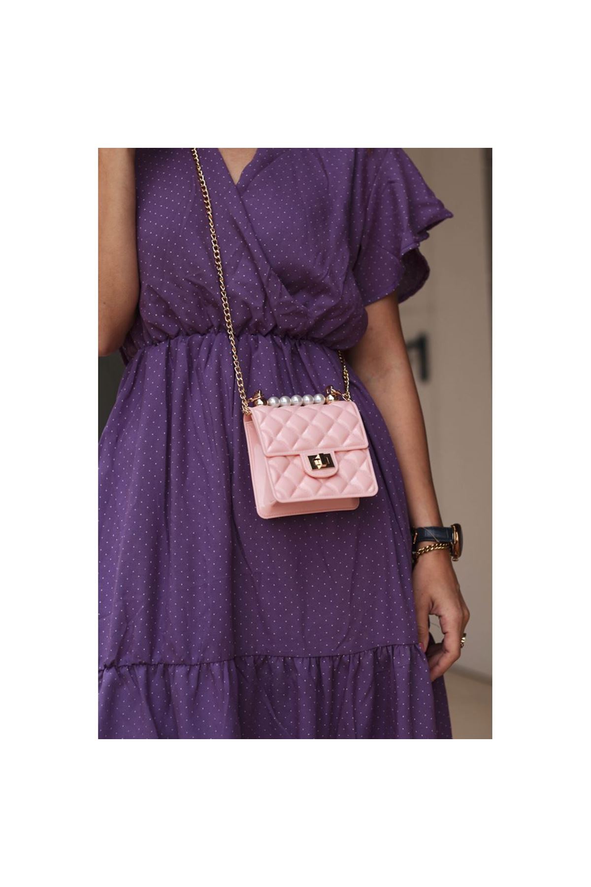 Pearl Pudra Silikon İncili Omuz Çantası