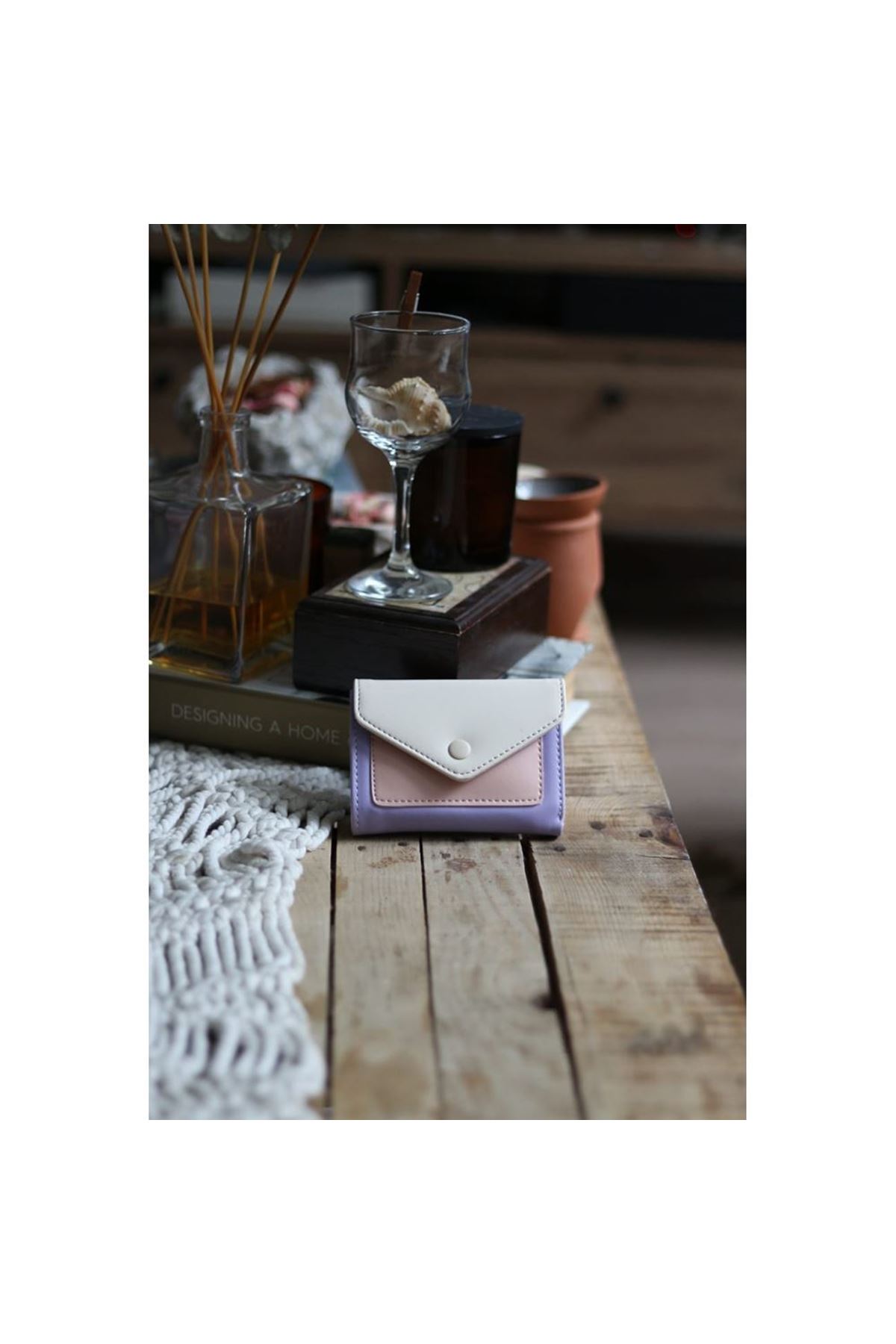 Lila Pudra Çift Renk Düğme Detaylı Mini Cüzdan