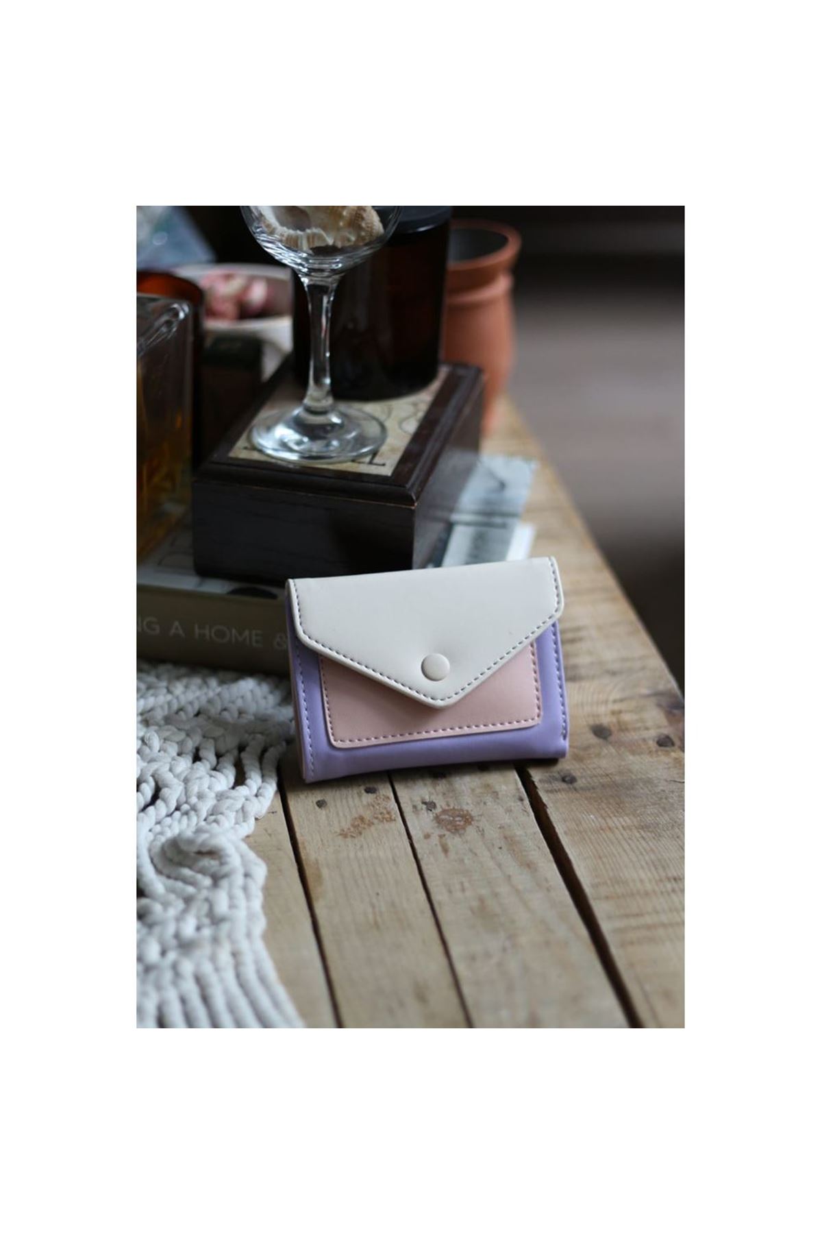 Lila Pudra Çift Renk Düğme Detaylı Mini Cüzdan