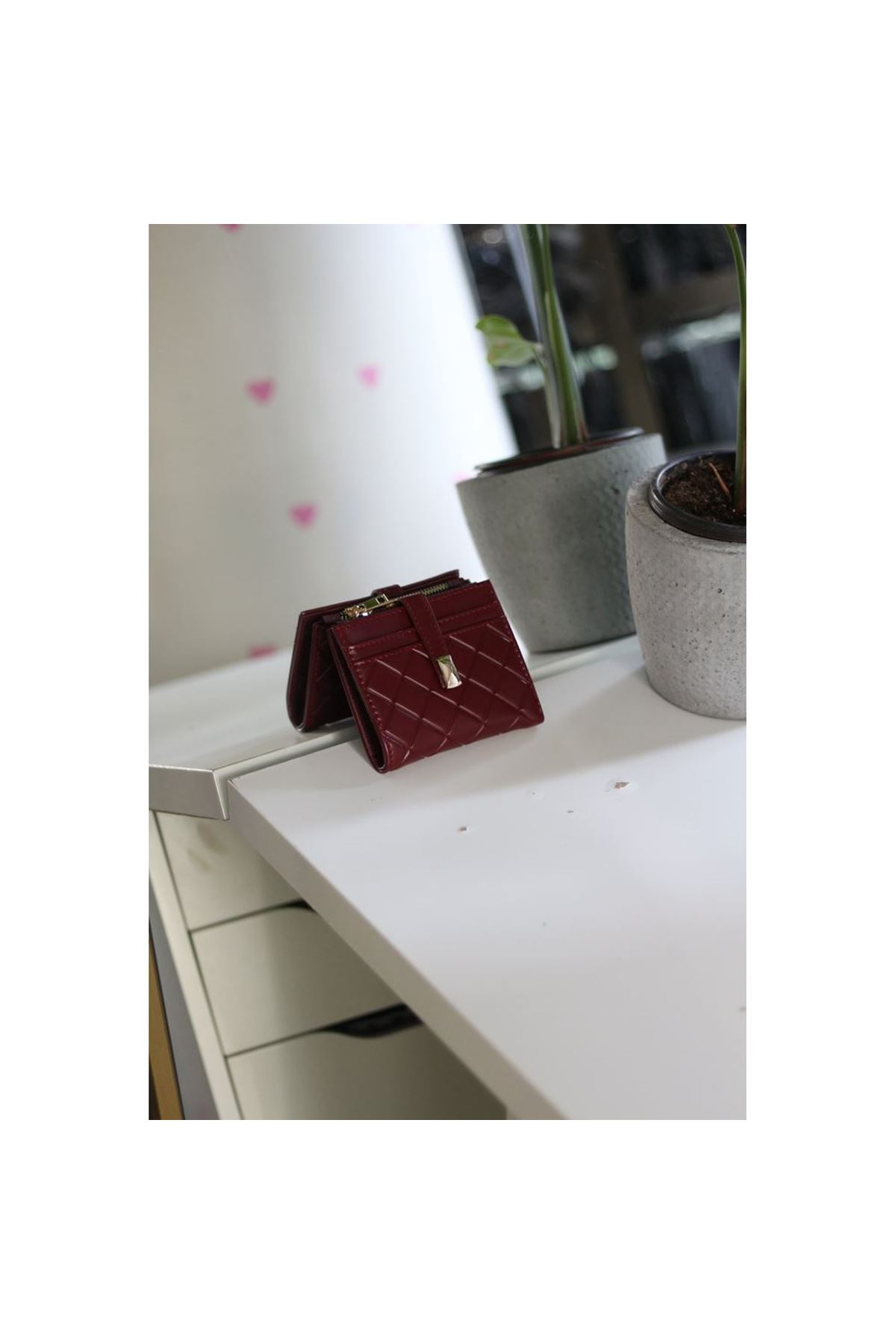 Kadın Bordo Kare Baklava Desenli Mini Kartlık Cüzdan