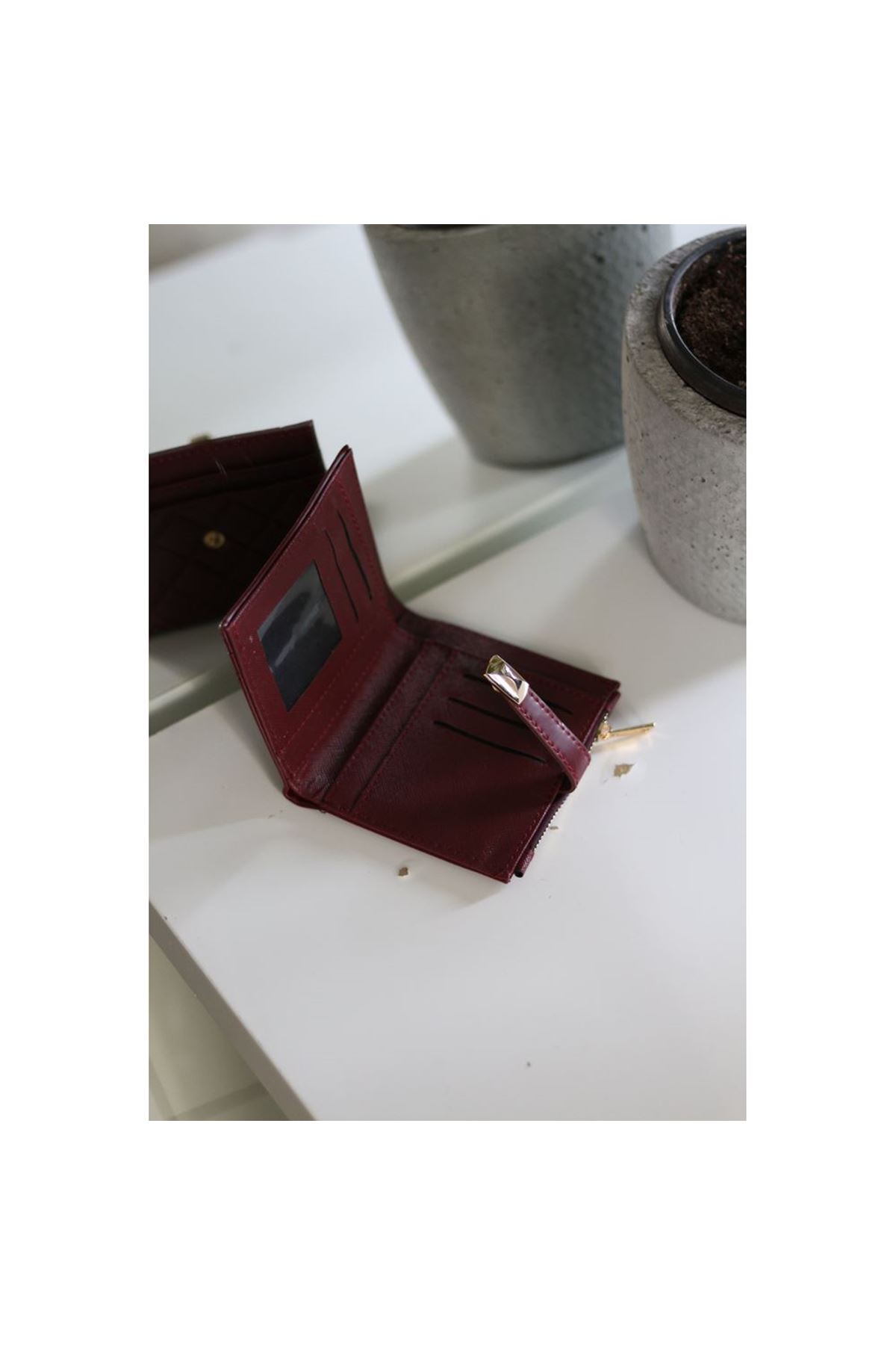 Kadın Bordo Kare Baklava Desenli Mini Kartlık Cüzdan