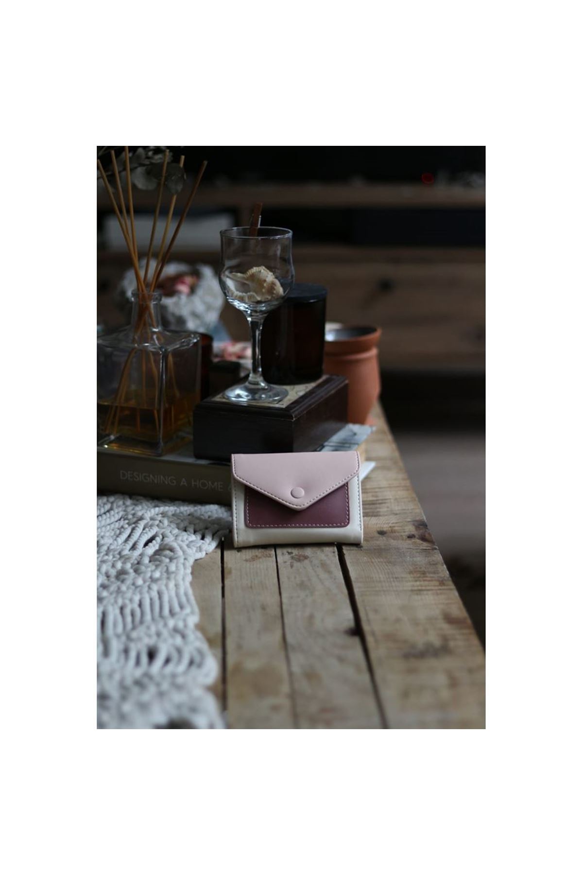 Bordo Pudra Çift Renk Düğme Detaylı Mini Cüzdan