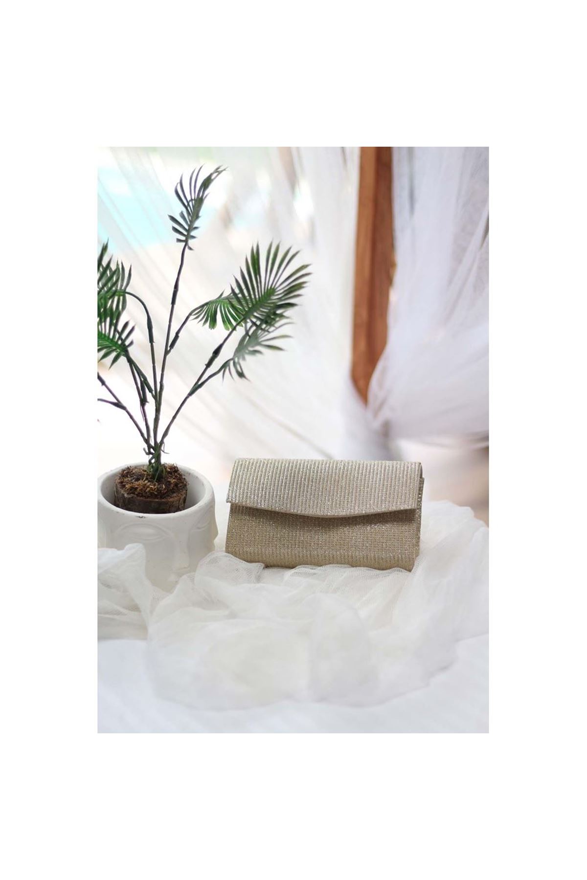 Kadın Simli Gold Mini Kutu Omuz Çantası