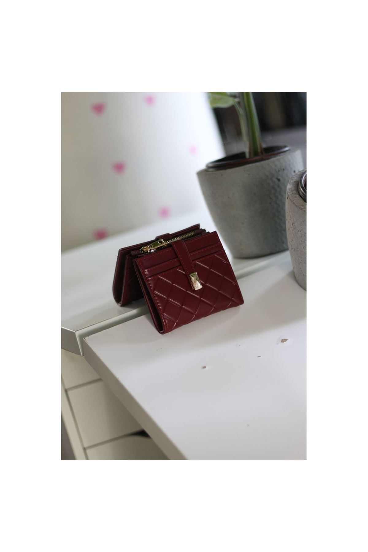Kadın Bordo Kare Baklava Desenli Mini Kartlık Cüzdan