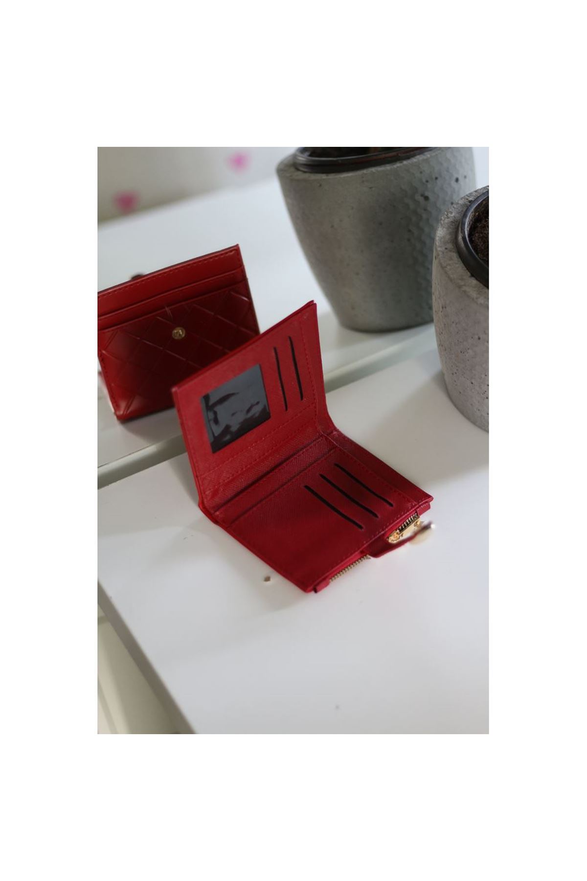 Kadın Kırmızı Kare Baklava Desenli Mini Kartlık Cüzdan