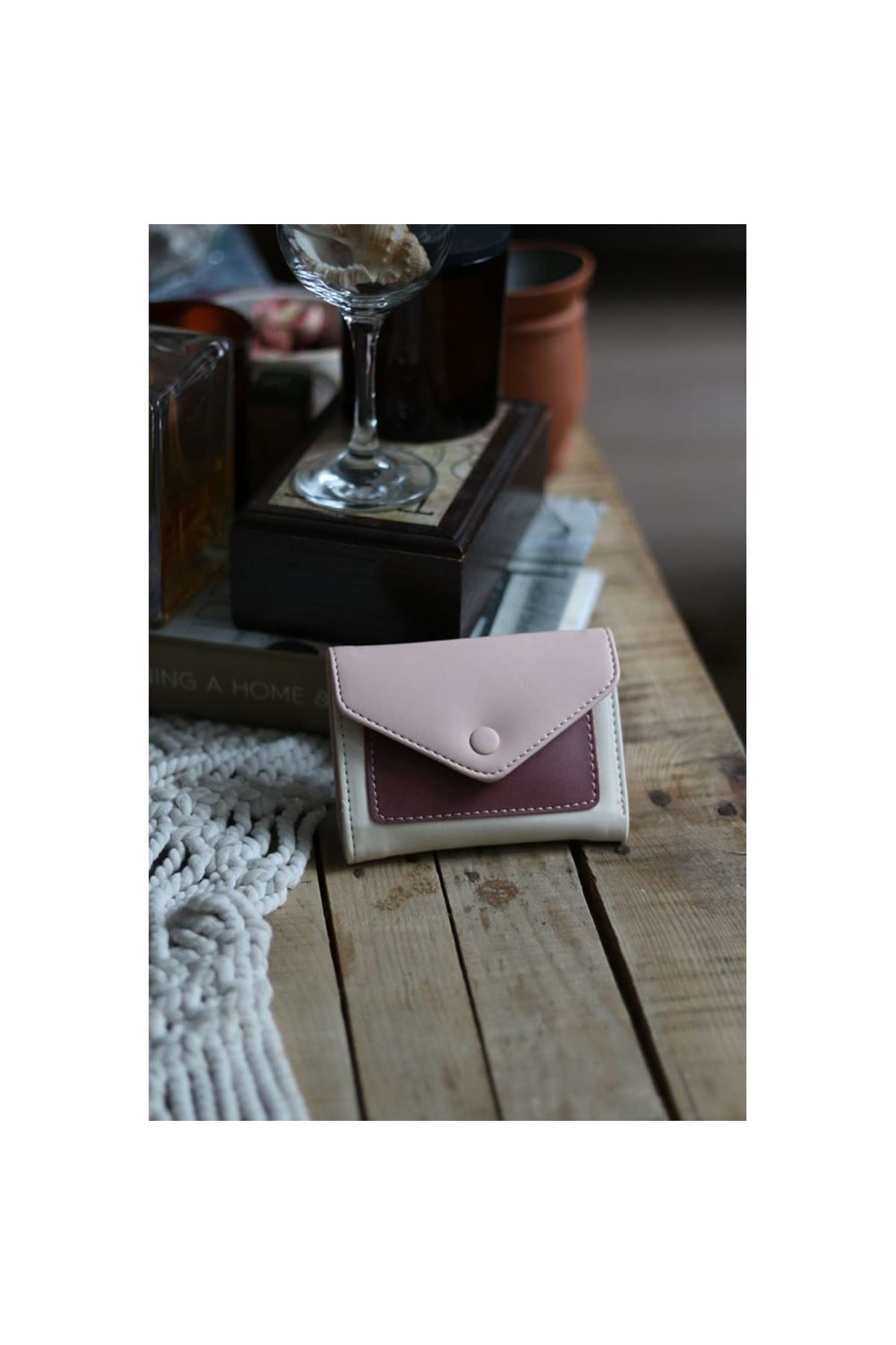 Bordo Pudra Çift Renk Düğme Detaylı Mini Cüzdan