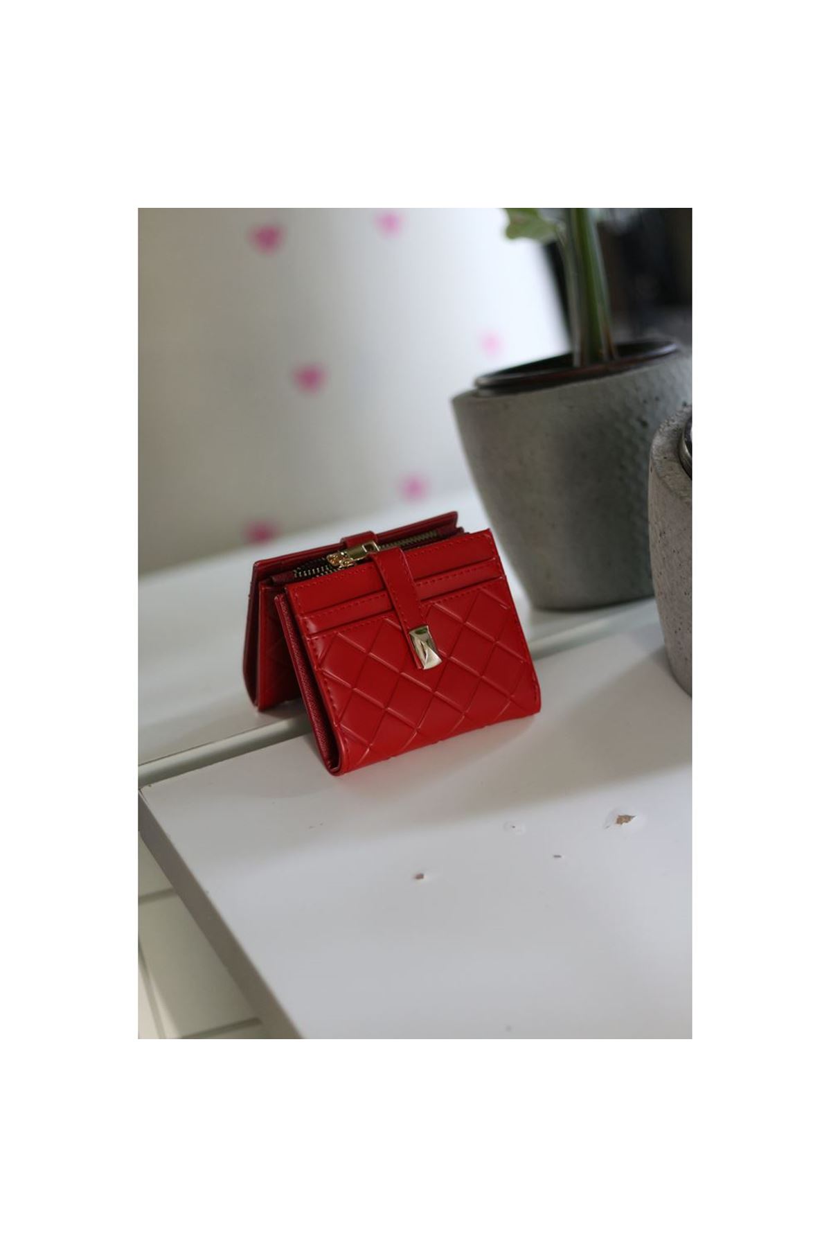 Kadın Kırmızı Kare Baklava Desenli Mini Kartlık Cüzdan