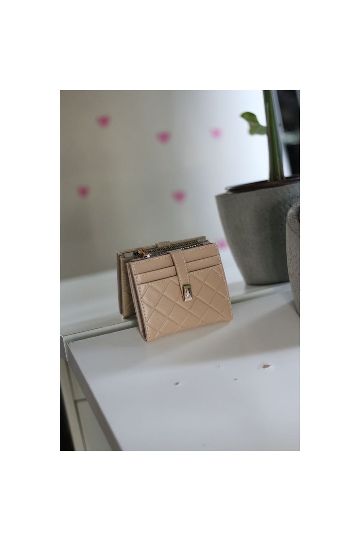 Kadın Vizon Kare Baklava Desenli Mini Kartlık Cüzdan