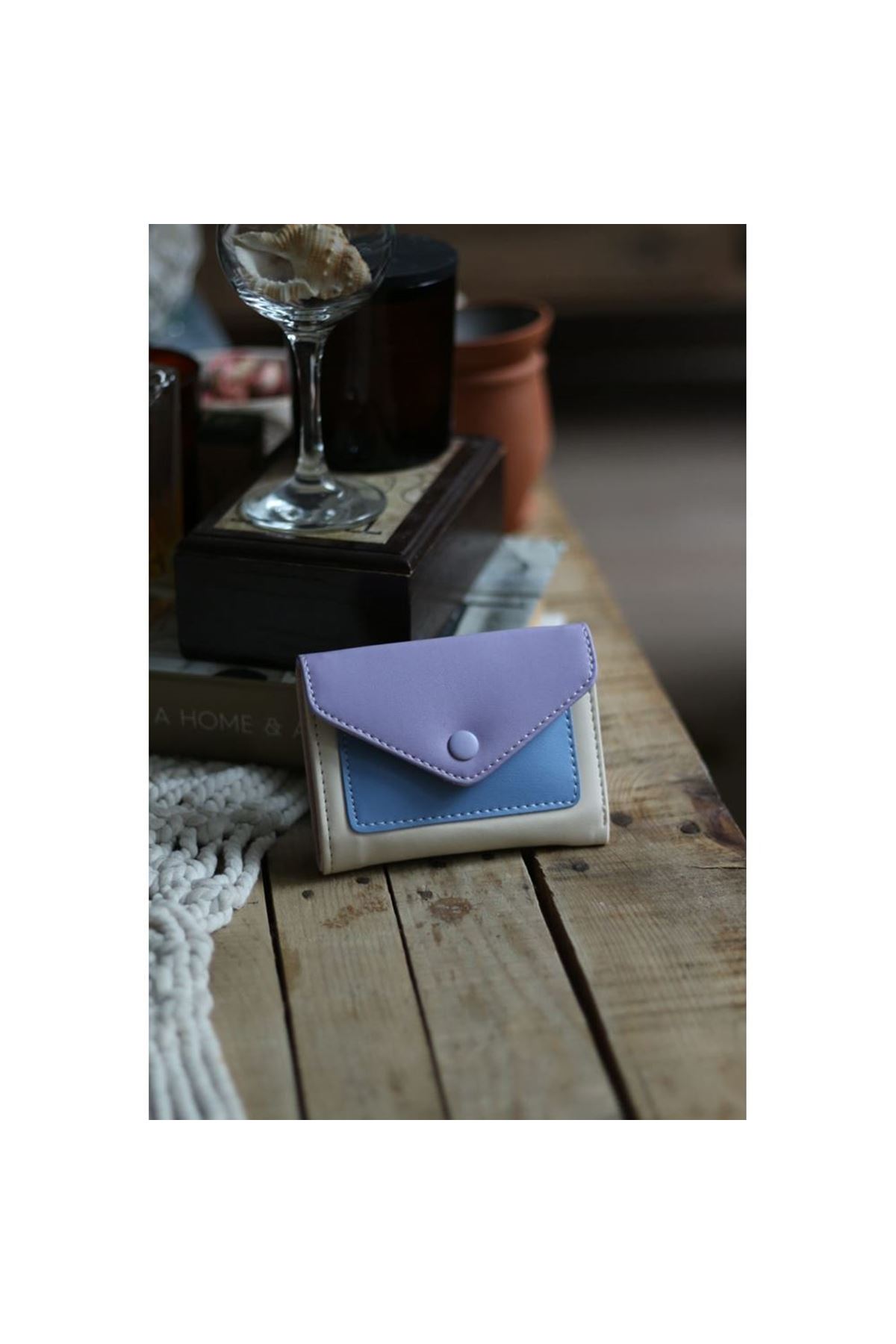 Lila Mavi Çift Renk Düğme Detaylı Mini Cüzdan