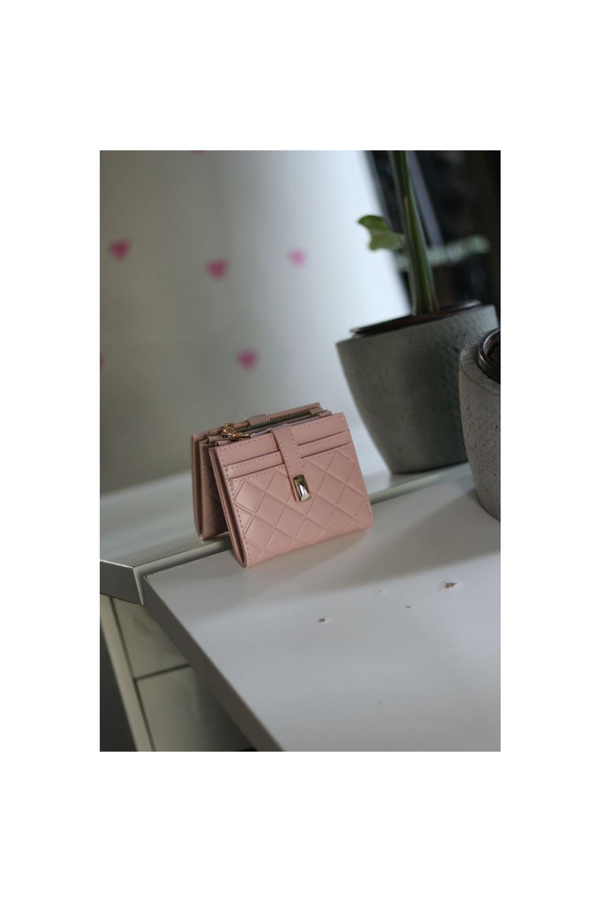 Kadın Pudra Pembe Kare Baklava Desenli Mini Kartlık Cüzdan