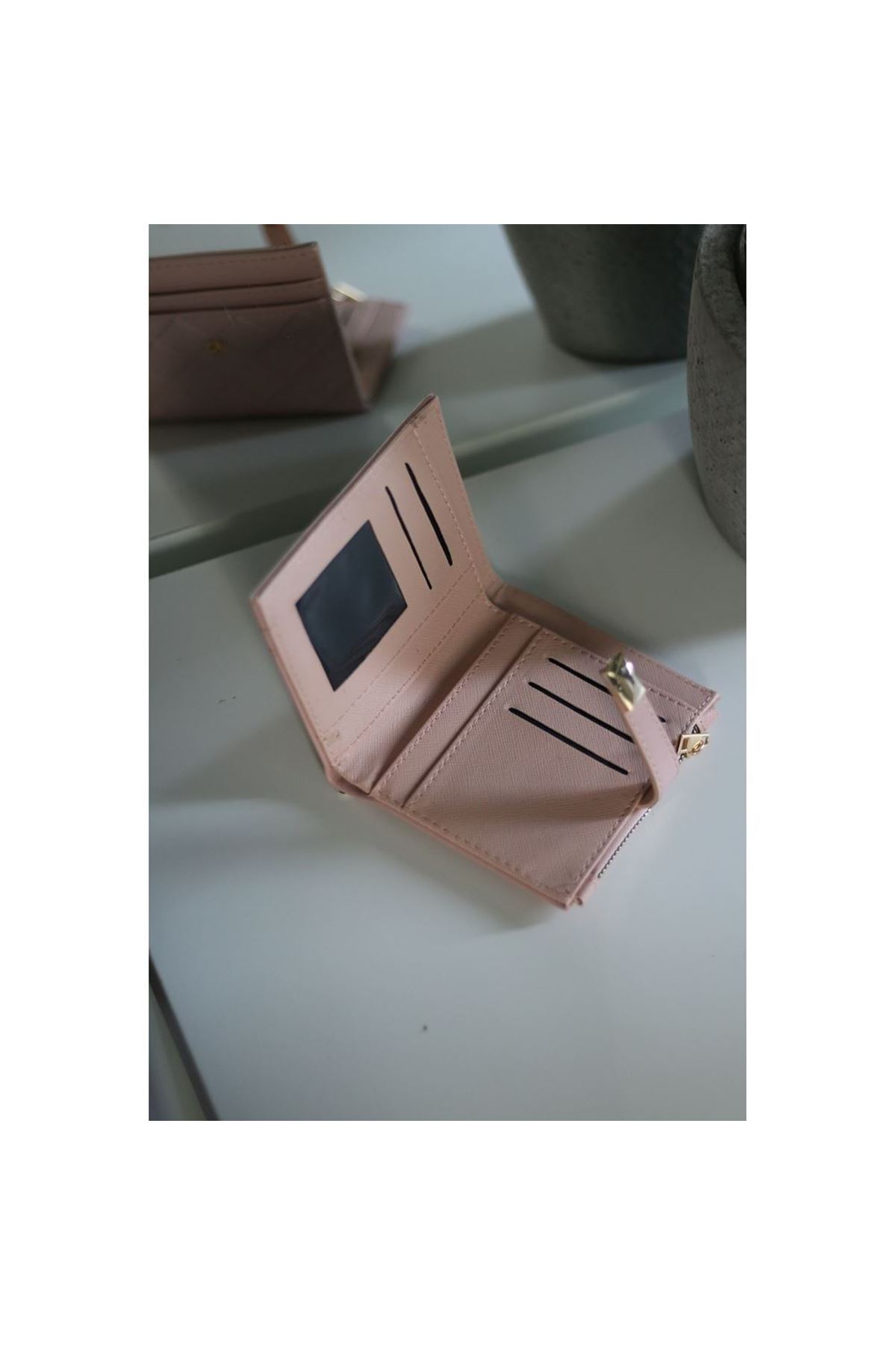 Kadın Pudra Pembe Kare Baklava Desenli Mini Kartlık Cüzdan