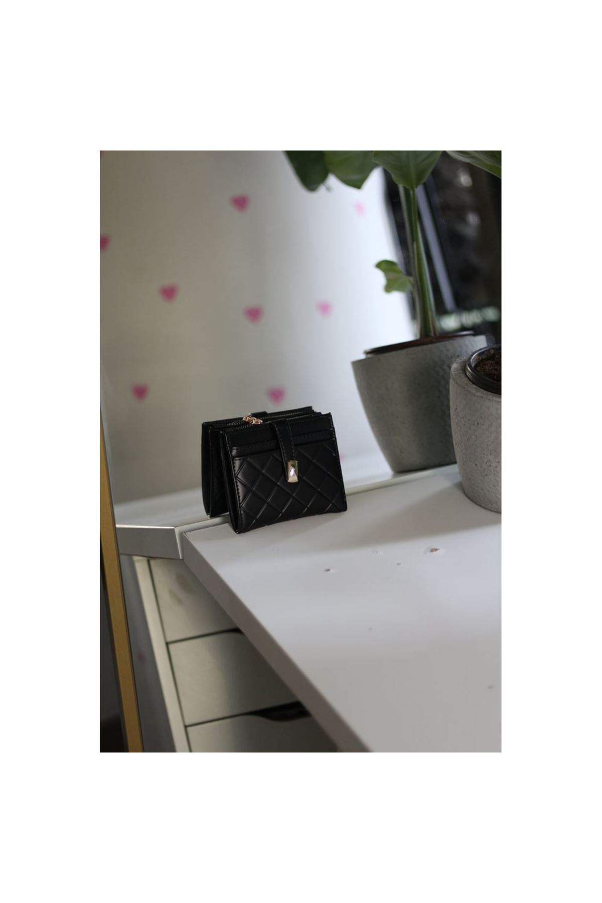 Kadın Siyah Kare Baklava Desenli Mini Kartlık Cüzdan