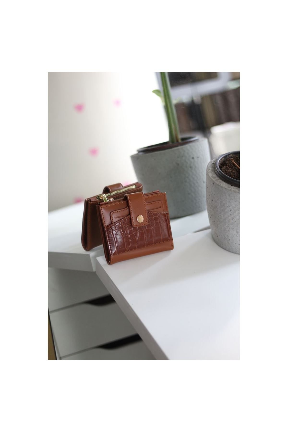 Kadın Taba Kroko Desenli Kartlık Detaylı Kare Cüzdan
