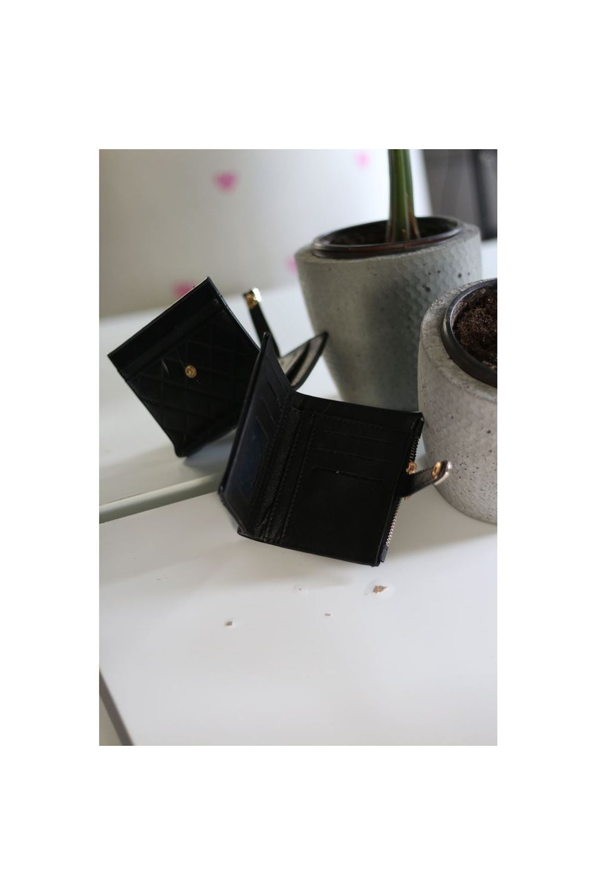 Kadın Siyah Kare Baklava Desenli Mini Kartlık Cüzdan