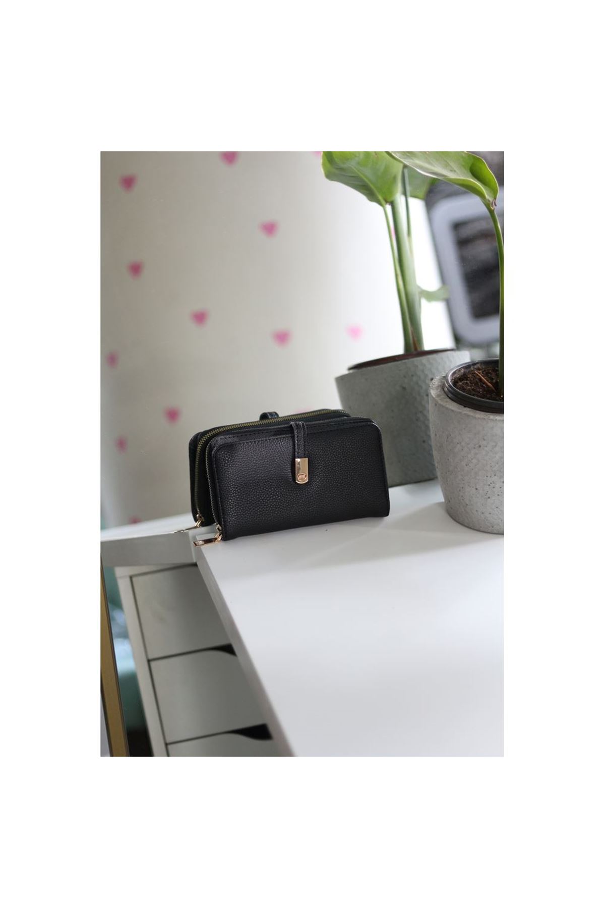 Kadın Siyah Gold Aksesuar Düğme Detaylı Cüzdan