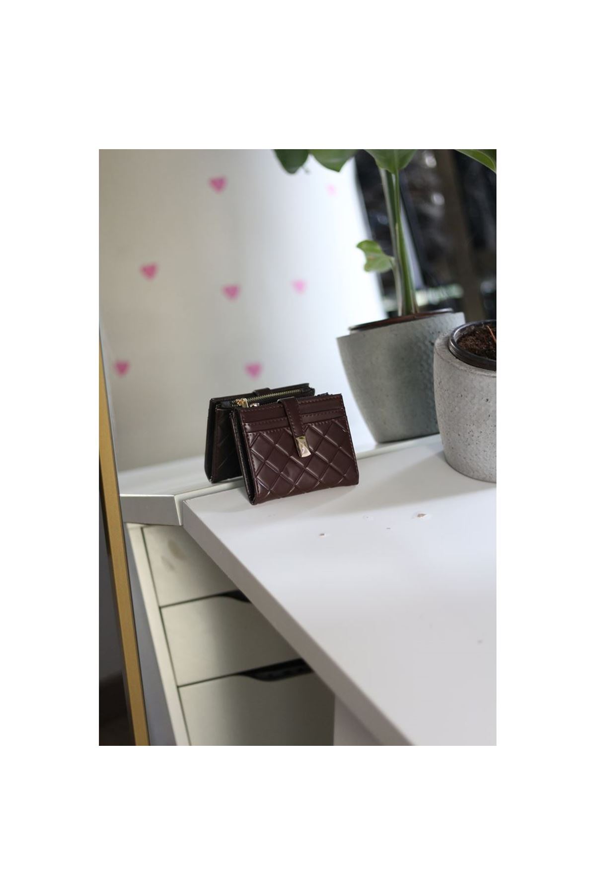 Kadın Acı Kahve Kare Baklava Desenli Mini Kartlık Cüzdan