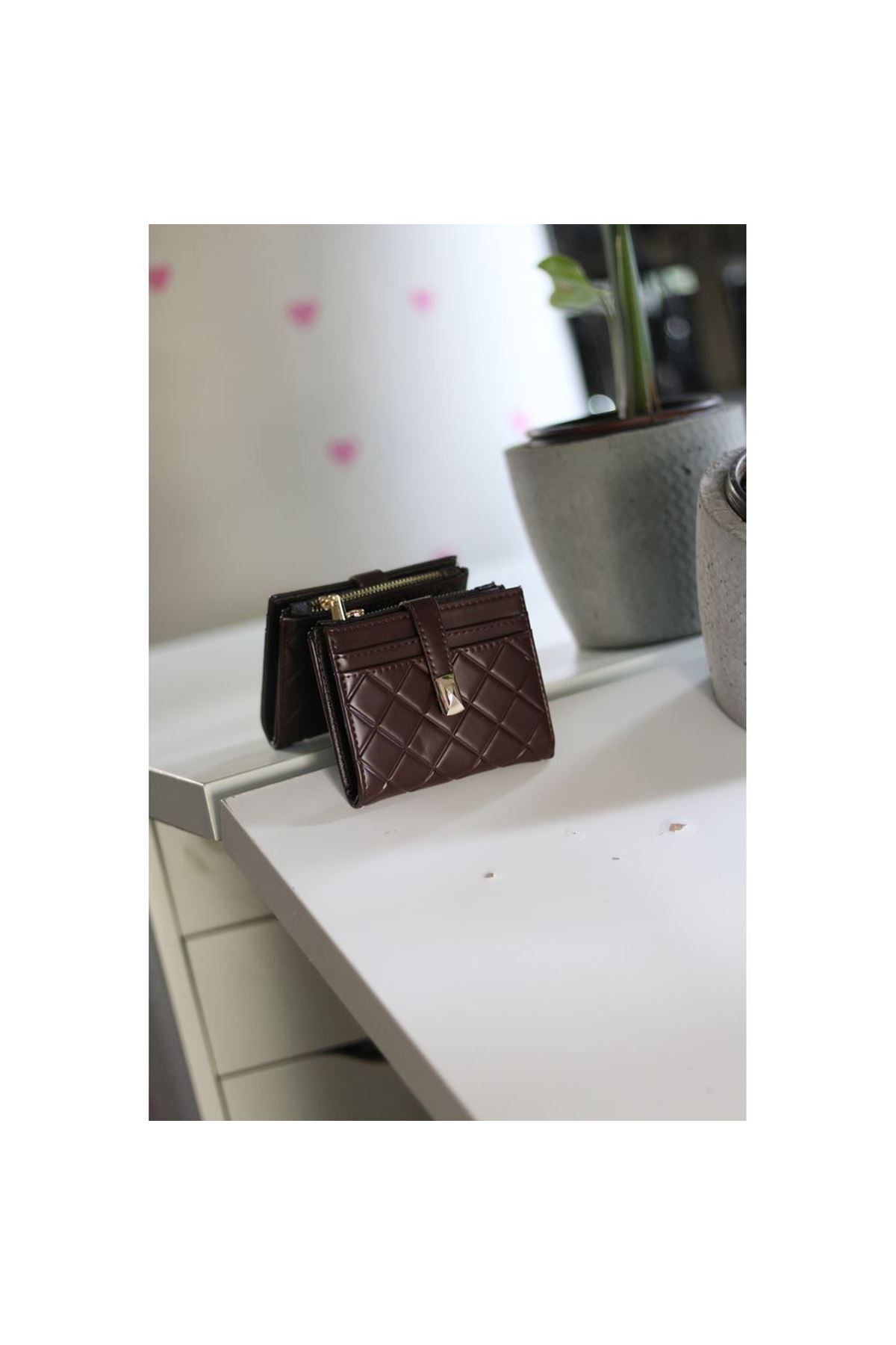 Kadın Acı Kahve Kare Baklava Desenli Mini Kartlık Cüzdan