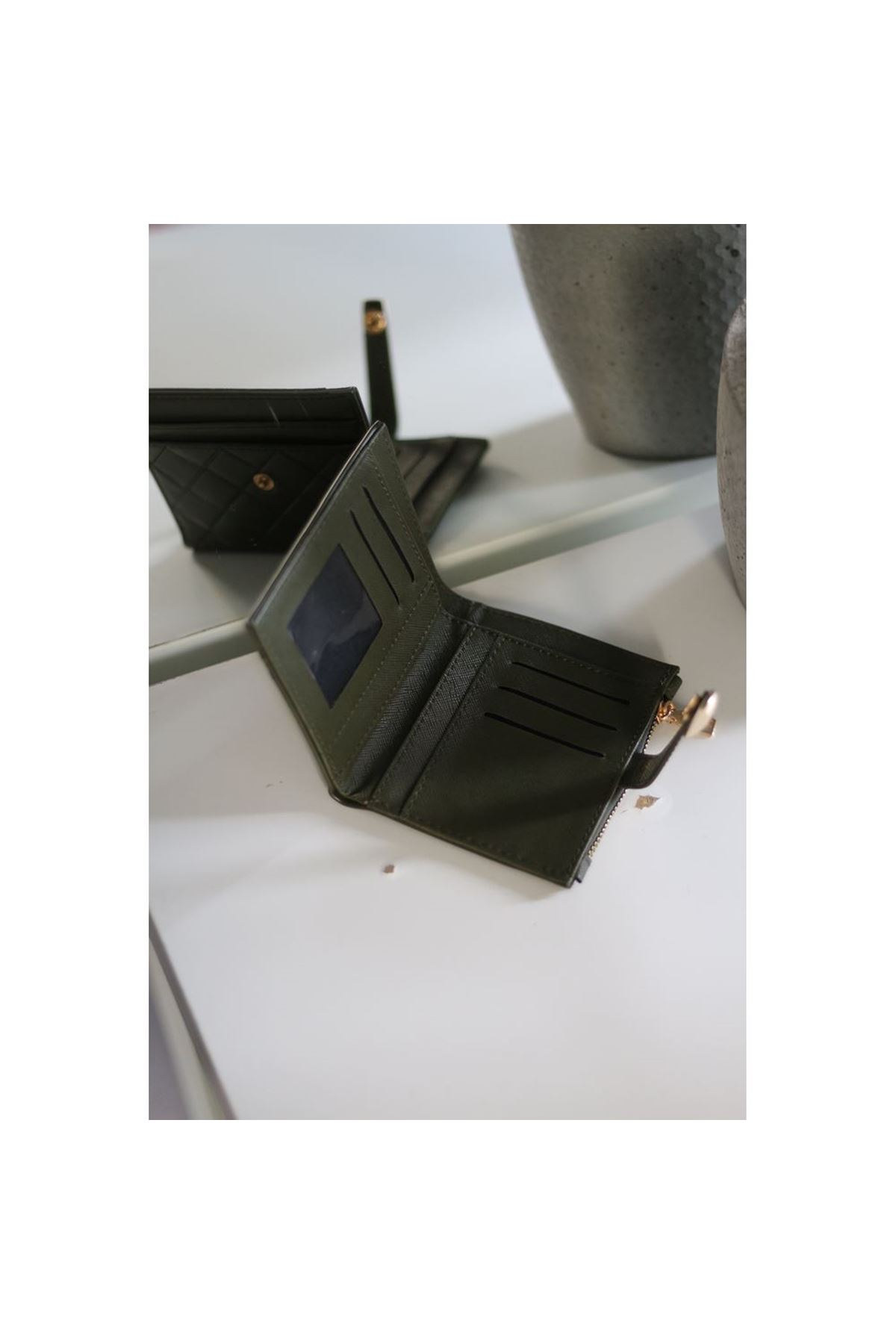 Kadın Haki Yeşil Kare Baklava Desenli Mini Kartlık Cüzdan