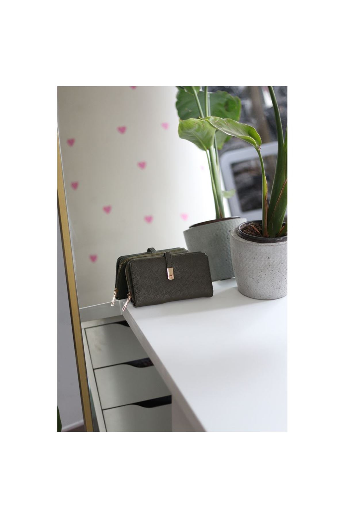 Kadın Haki Yeşil Gold Aksesuar Düğme Detaylı Cüzdan