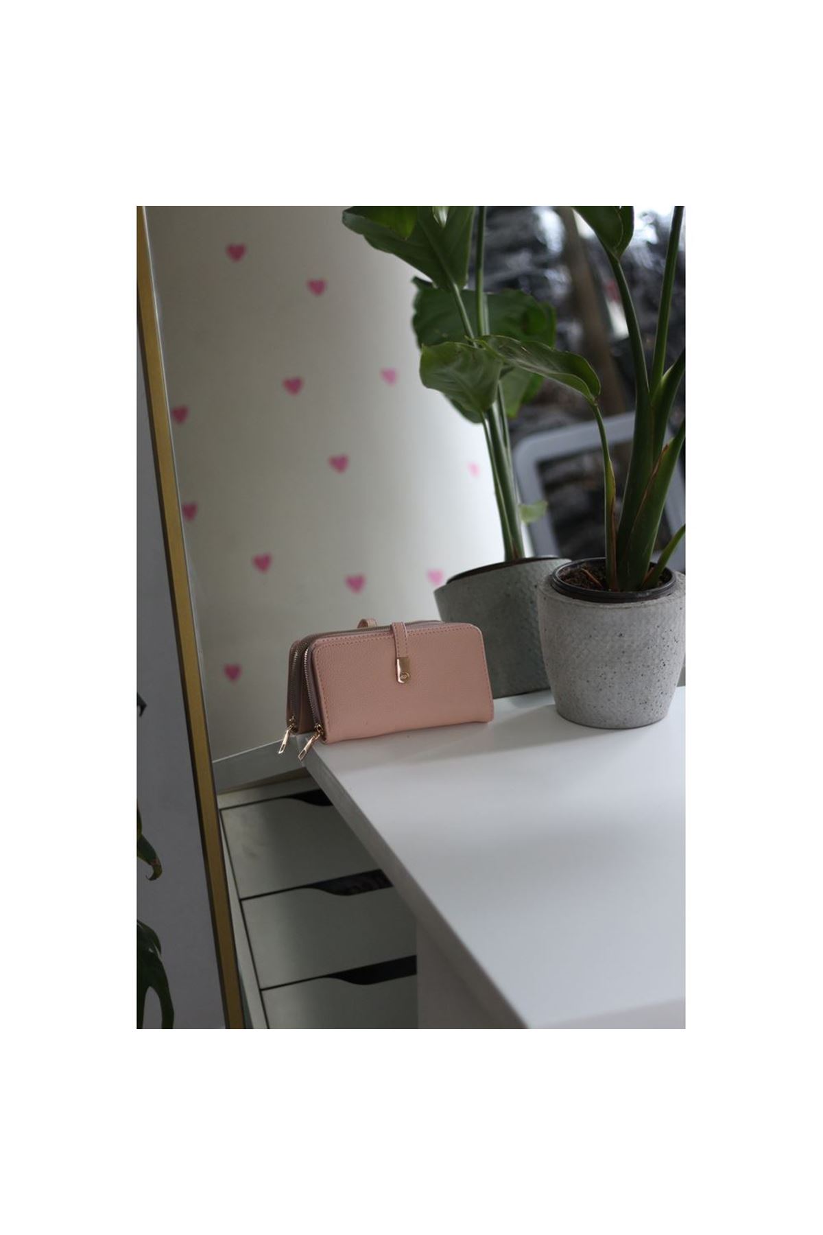 Kadın Pudra Gold Aksesuar Düğme Detaylı Cüzdan