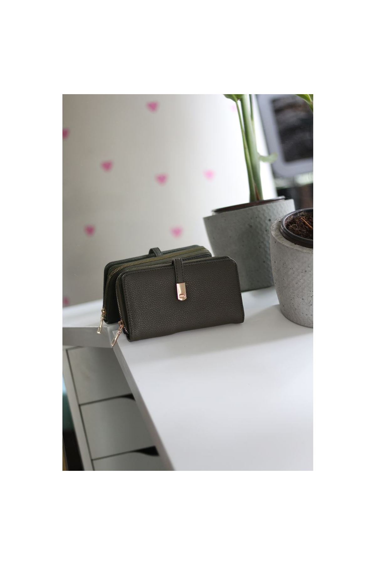 Kadın Haki Yeşil Gold Aksesuar Düğme Detaylı Cüzdan