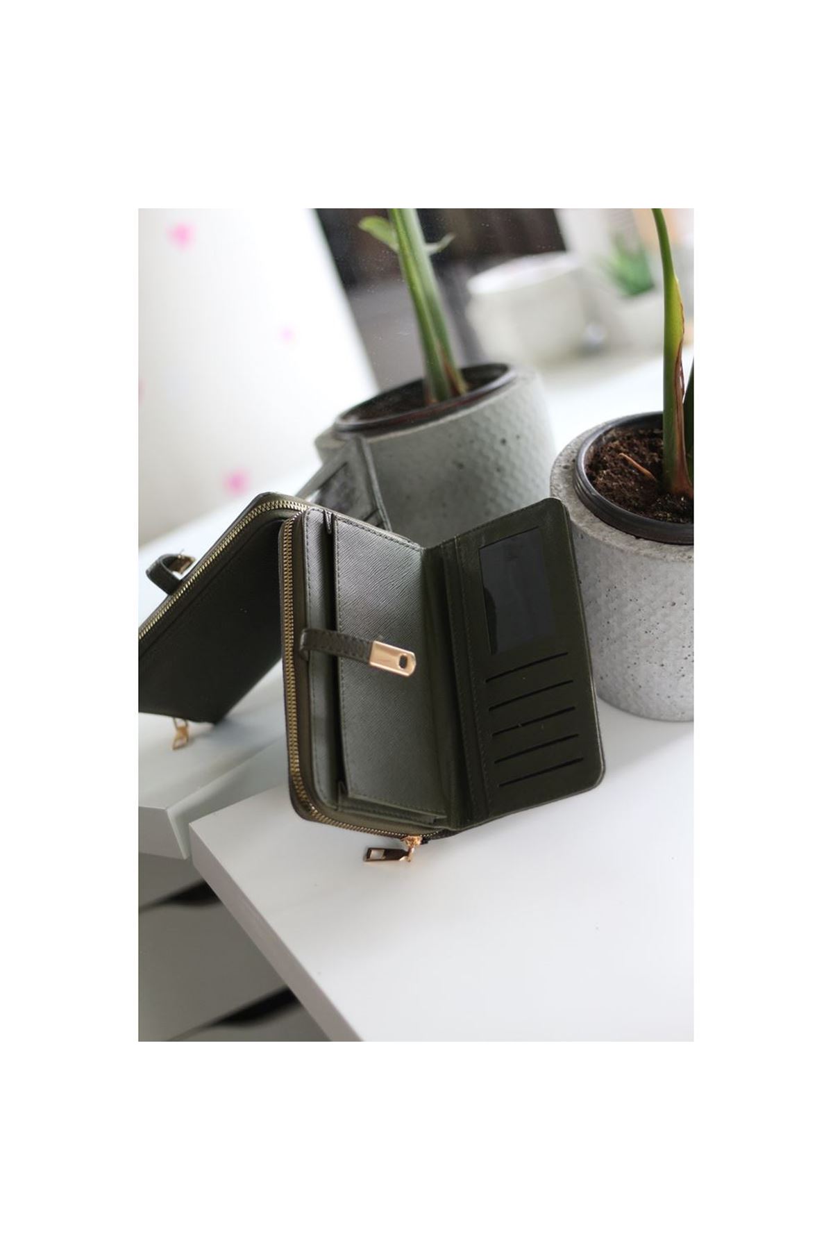 Kadın Haki Yeşil Gold Aksesuar Düğme Detaylı Cüzdan