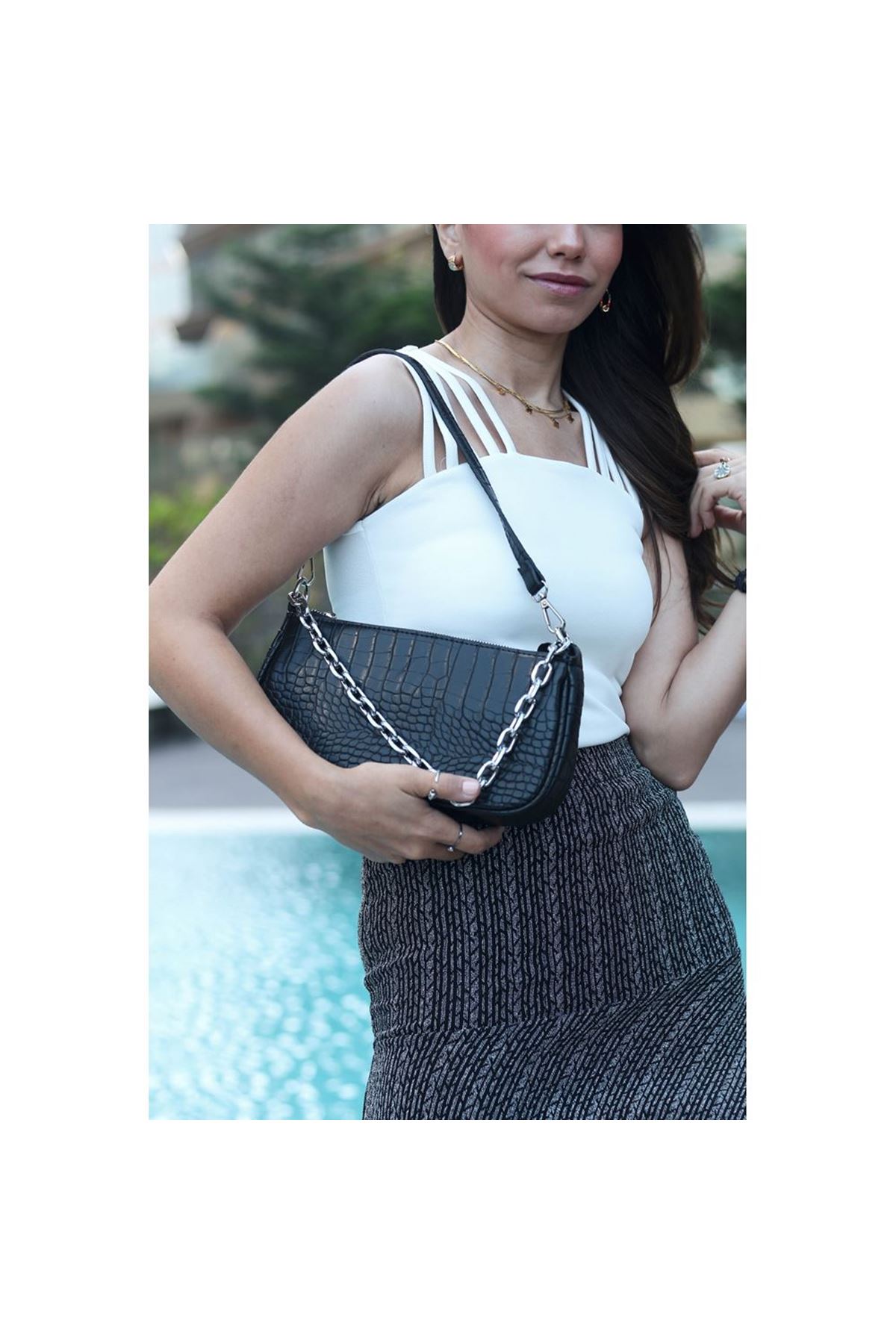 Kroko Detaylı Siyah El &amp;amp; Omuz Çantası