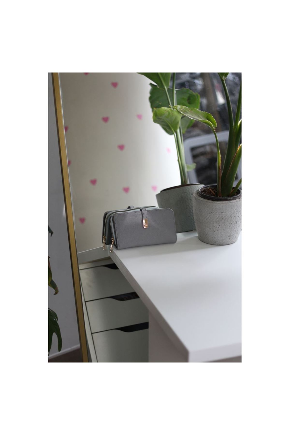 Kadın Gri Gold Aksesuar Düğme Detaylı Cüzdan