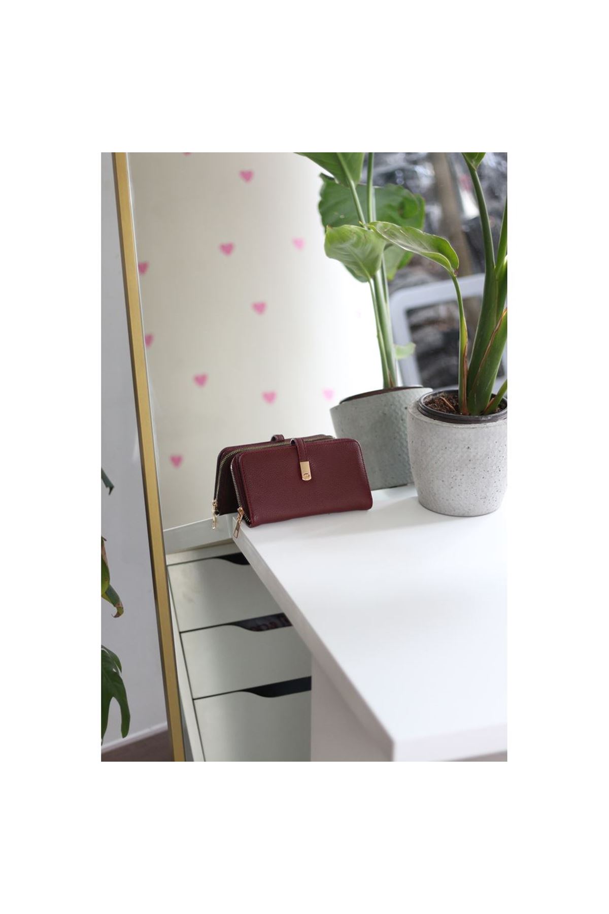 Kadın Bordo Gold Aksesuar Düğme Detaylı Cüzdan