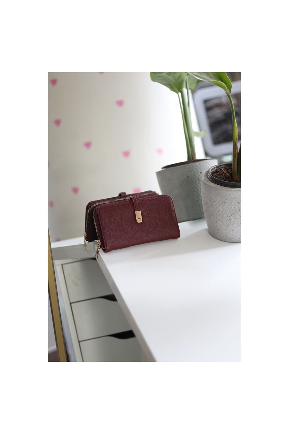 Kadın Bordo Gold Aksesuar Düğme Detaylı Cüzdan