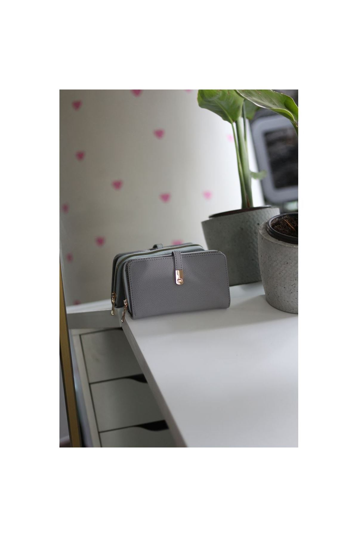Kadın Gri Gold Aksesuar Düğme Detaylı Cüzdan