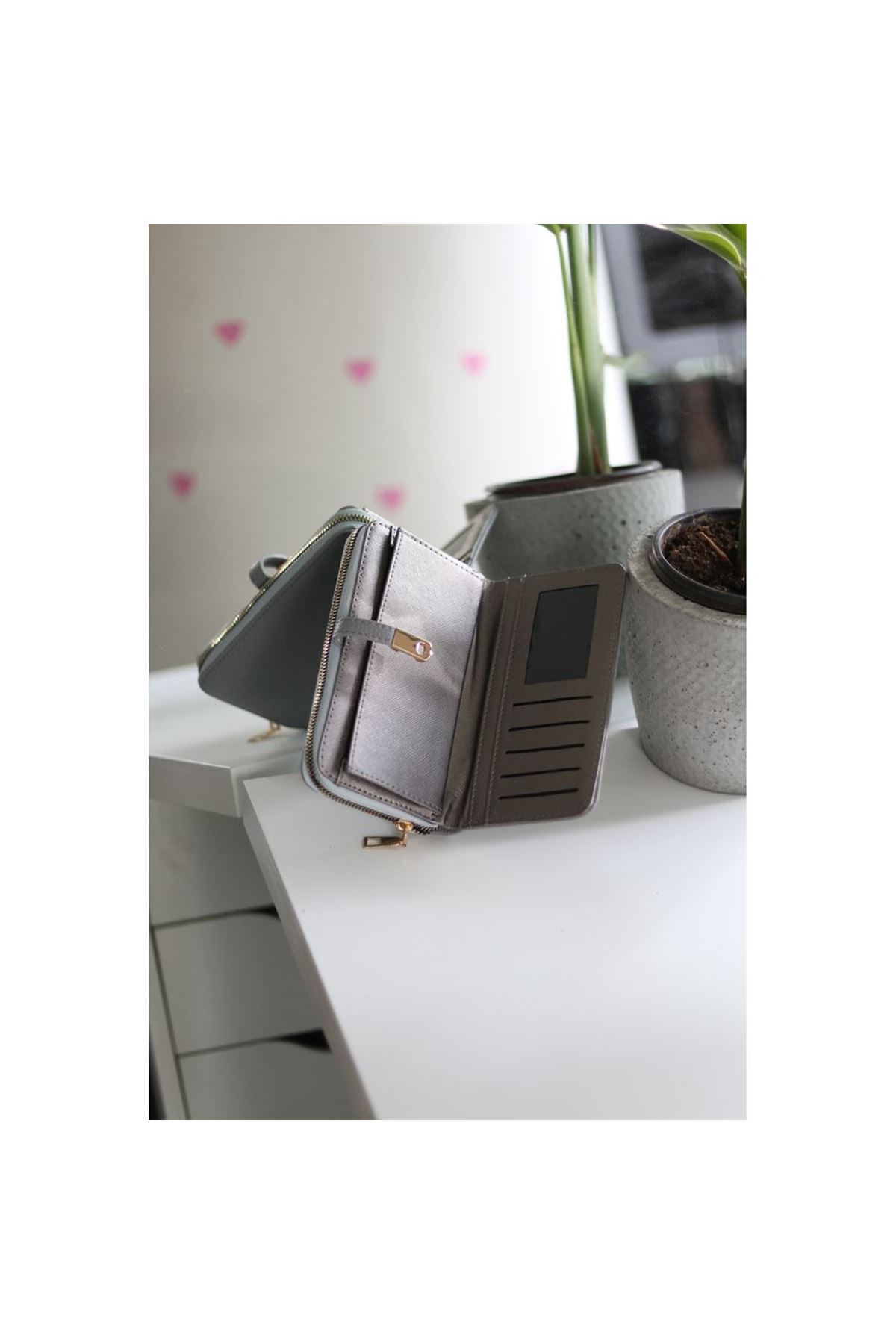 Kadın Gri Gold Aksesuar Düğme Detaylı Cüzdan