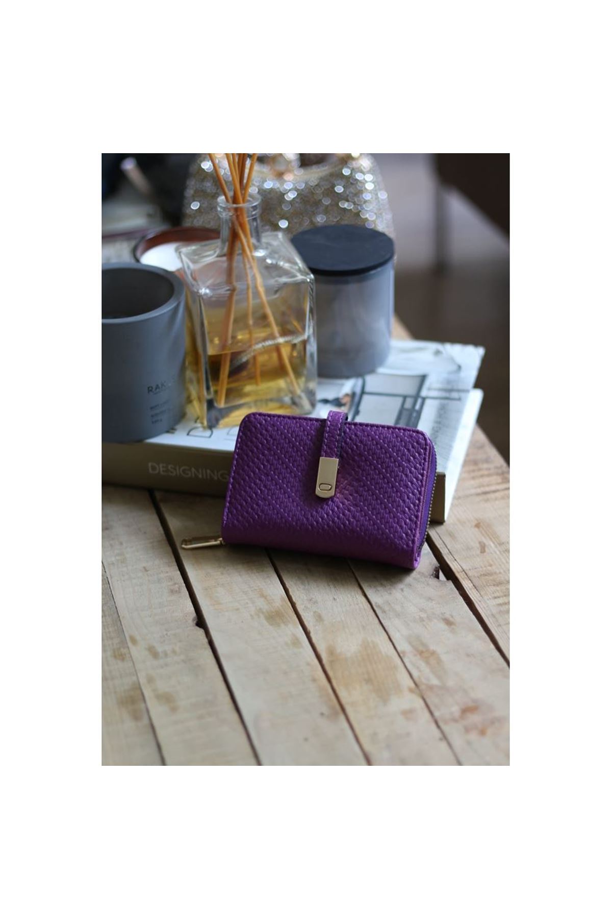 Kadın Mor Dokulu Kartlık Detaylı Küçük Boy Cüzdan