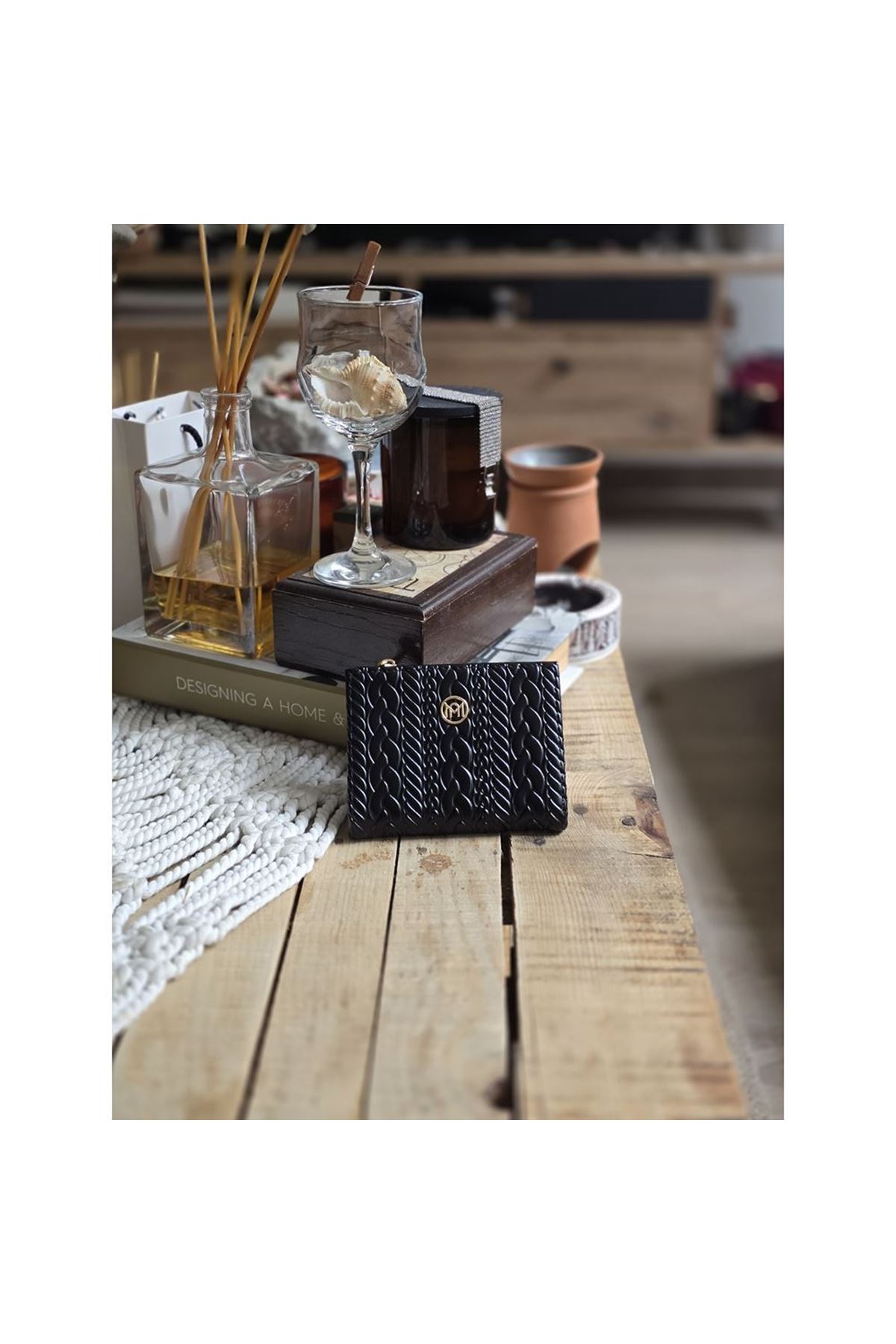 Siyah Dokuma Desen Kare Kartlık Detaylı Cüzdan