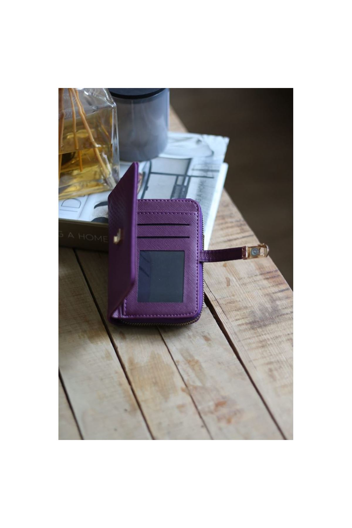 Kadın Mor Dokulu Kartlık Detaylı Küçük Boy Cüzdan